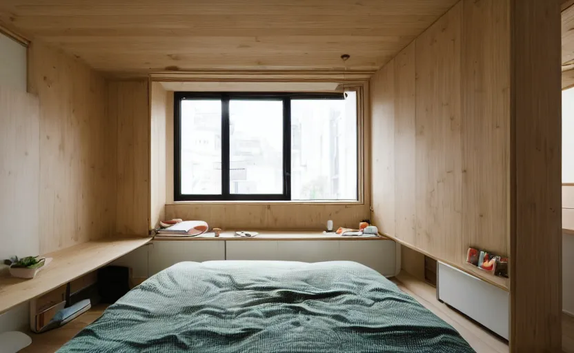 Image similar to interior of a small and compact minimalist bedroom in an apartment building, bed, cupboards, natural materials, bamboo wood, white, beige, bright, green painted wall, windows with a view of a green park, modernist, swedish design, japanese style, 8 k