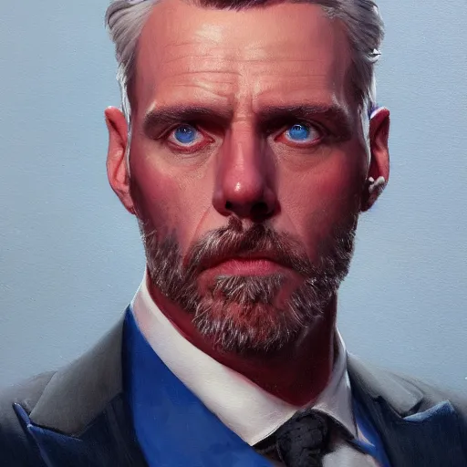 Image similar to A painting of a 40 year old man with sharp facial features and a light stubble, grey hair, blue eyes, beautiful and detailed, he is wearing a crimson red velvet suit, oil painting, by Greg Rutkowski, trending on artstation