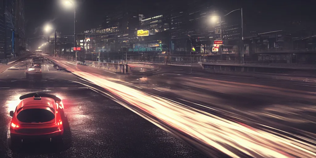 Image similar to photorealistic action photography of street car race on the roads dark, wet, night light fixtures. 8K. detailed. photorealism. artstation. 25mm f/1.7 ASPH Lens. ultra realistic