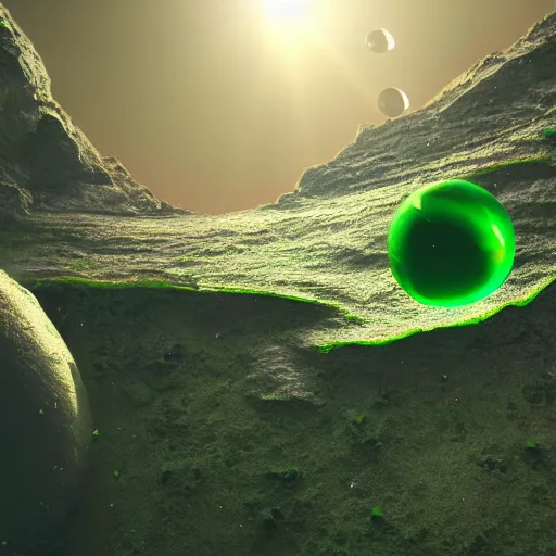 Prompt: a green opaque bubble floating in the center of a sunset cliff, white particles going up inside the bubble, digital concept art, 4 k