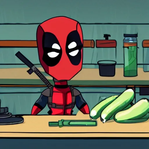 Image similar to movie still of deadpool as a pickle sitting on a workbench, high resolution, cartoon