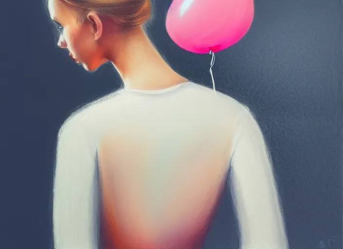 Image similar to landscape, a young caucasian woman between the ages of 2 0 - 2 5 years, wearing clothes made of balloons, fine art, modern realism, sharp focus, good lighting, trending on artstation, trending on tiktok, smooth drawing, elegant, dignified, without anomaly.