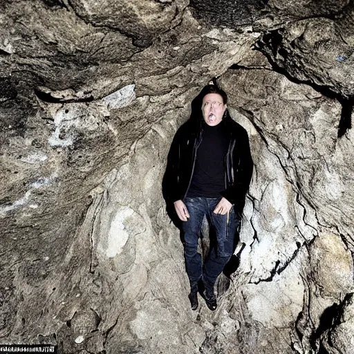 Image similar to photo inside a cavern of a wet reptilian humanoid rapper elon musk partially hidden behind a rock, with black eyes, open mouth and big teeth