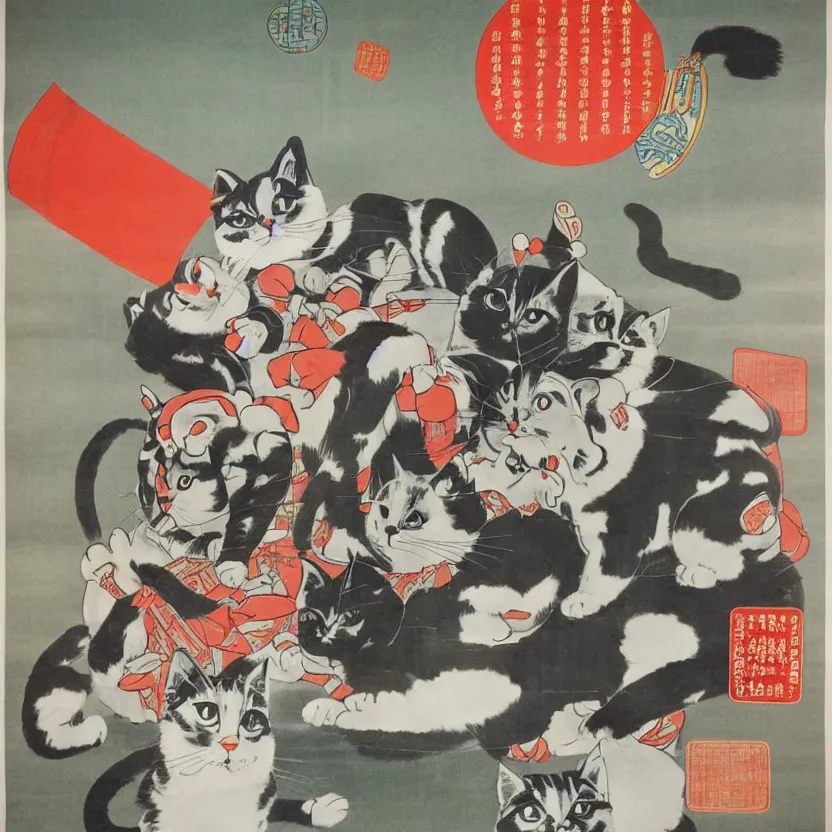 Prompt: chinese propaganda poster with a cartoon cat as the centerpiece