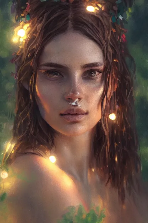 Prompt: portrait bohemian girl in tulum mexico jungle, staring directly into camera, intricate, elegant, glowing lights, highly detailed, digital painting, artstation, sharp focus, illustration, art by wlop, mars ravelo and greg rutkowski
