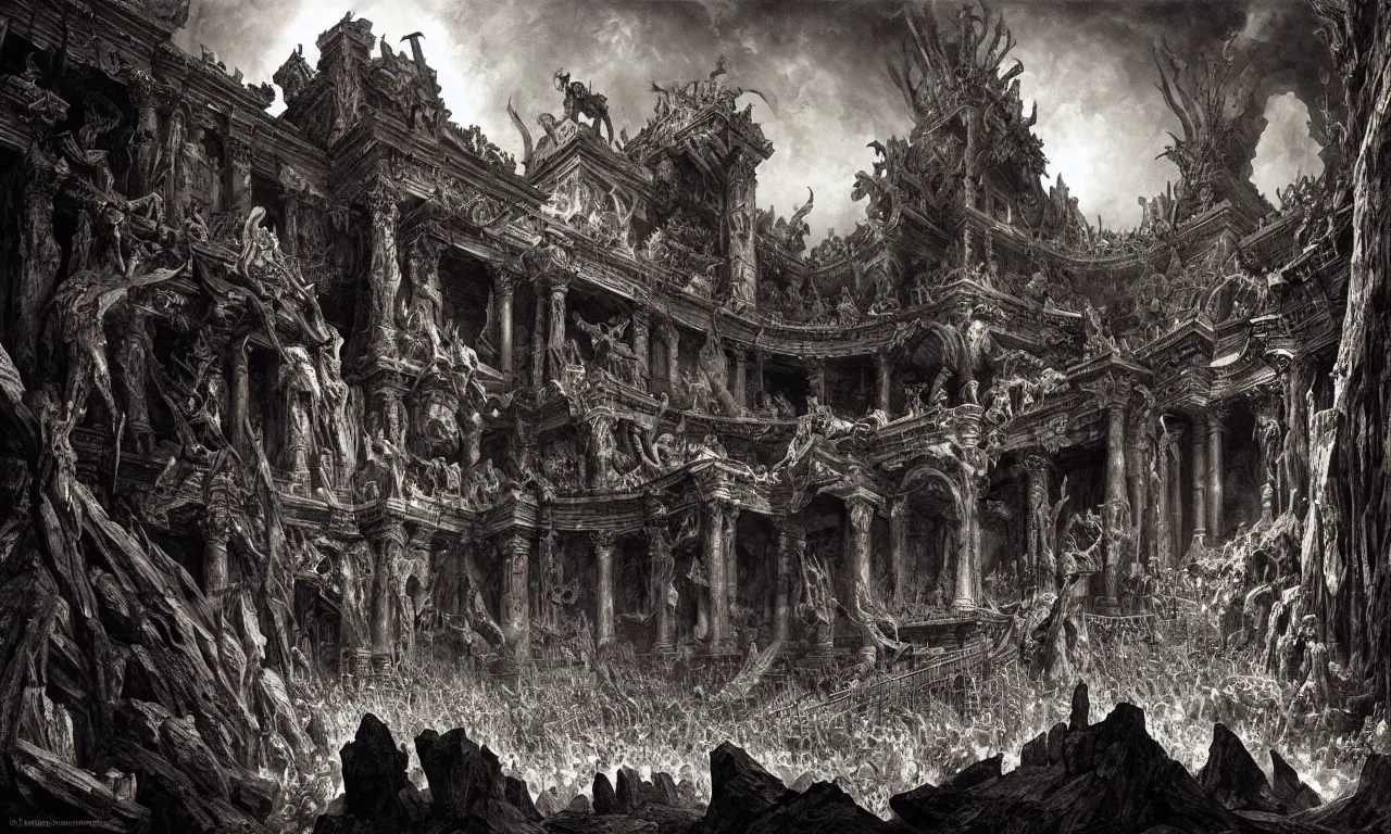 Image similar to A Spectacular IMAX View of the Infernal Court of the Kings of Hell, art by Gustav Dorê and Marc Simonetti and Giovanni Battista Piranesi