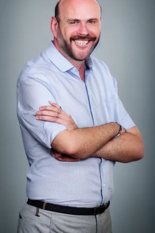 Image similar to full body color photograph of a balding, middle aged, brown haired, hairy, blue eyed, round faced, short white man who has thick legs, dressed in a white shirt, grey pants and black dress shoes, smiling at the camera with perfect, straight white teeth, full body portrait, head to toe