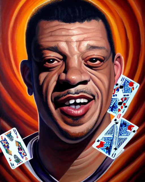 Image similar to a painting of a beautiful joey starr surrounded by playing cards, an ultrafine detailed painting, by mark brooks, centered full body, featured on deviantart, fantasy art, detailed painting, deviantart, anime