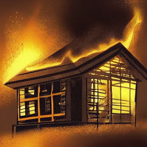 Prompt: “Electroboom burning down his house, art by kotburschi”