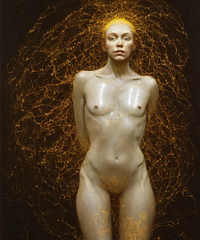 Image similar to Beautiful full-body wax sculpture of glowing transparent woman with visible gold bones covered with melted white wax inside the singularity where stars becoming baroque folds of dark matter by Michelangelo da Caravaggio, Nicola Samori, William Blake, Alex Grey and Beksinski, dramatic volumetric lighting, highly detailed oil painting, 8k, masterpiece