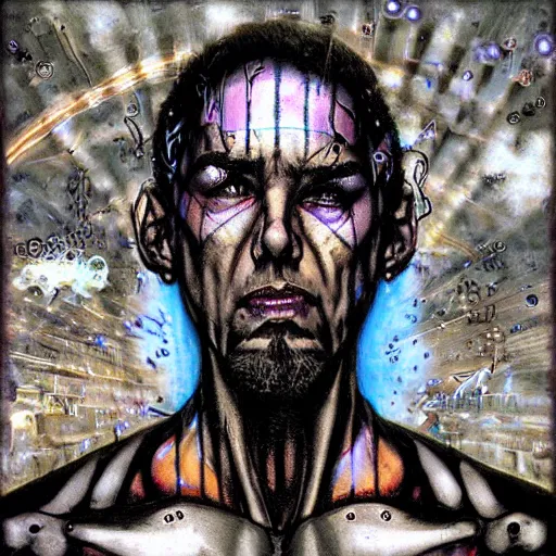 Image similar to razorpunk portrait of Dr. Manhattan disguised as the hexagonal hypercube portal jonas de ro jim mahfood luis royo maxfield parrish maximilian pirner wikiart wikipedia graffiti spraypaint unreal engine render artstation 4k