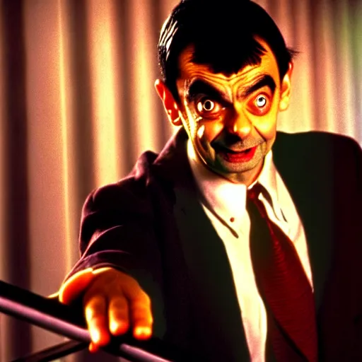 Image similar to mr. bean in vampires kiss. movie still. cinematic lighting.