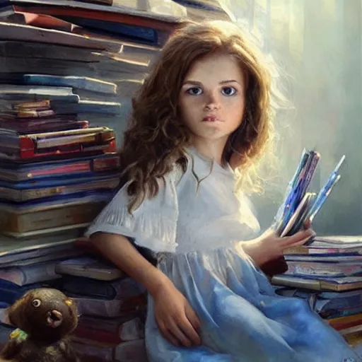 Prompt: a little girl with short curly light brown hair and blue eyes sitting amidst tall piles of books. beautiful painting by raymond swanland and magali villanueve, beautiful highly detailed face.