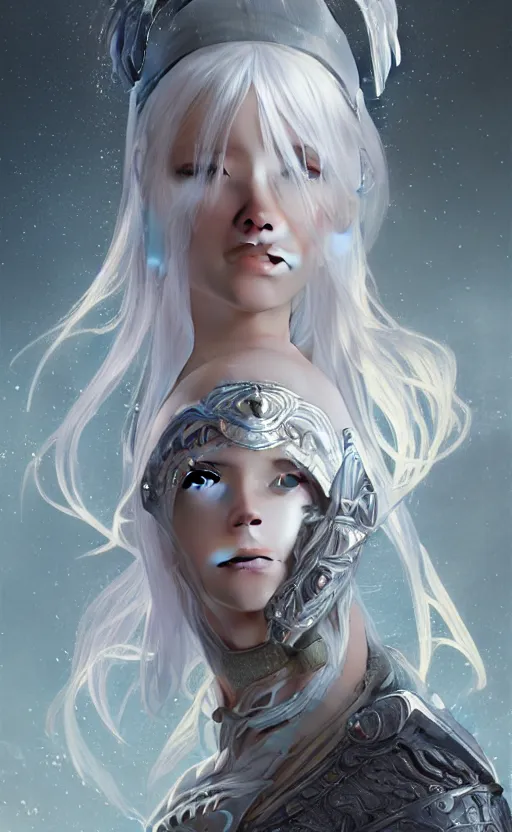 Image similar to portrait white hair knights of zodiac girl, sliver ice color reflected armor, in ruined agora of athens sunrise, ssci - fi and fantasy, intricate and very very beautiful and elegant, highly detailed, digital painting, artstation, concept art, smooth and sharp focus, illustration, art by tian zi and wlop and alphonse mucha