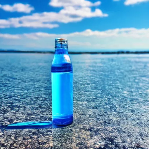 Image similar to bottle of mineral water balancing on its edge on the water surface in the center of the frame, a blue sky with clouds from above, minimalistic and beautiful