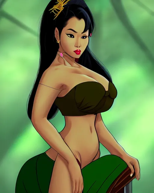 Prompt: alluring heavy filipina woman character portrait, by don bluth, fully - clothed, wearing dark - green blazer, sci - fi environment, highly detailed, dynamic shadows, 4 k, wallpaper - 1 0 2 4