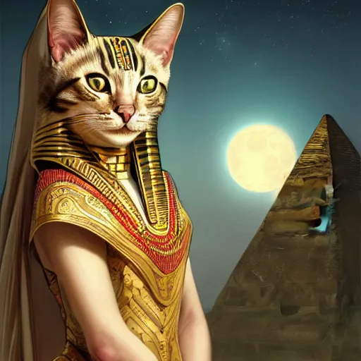 Image similar to Portrait of a cat dressed as a Pharaoh, moon in the background, intricate, elegant, highly detailed, digital painting, artstation, concept art, smooth, sharp focus, illustration, art by artgerm and greg rutkowski and alphonse mucha