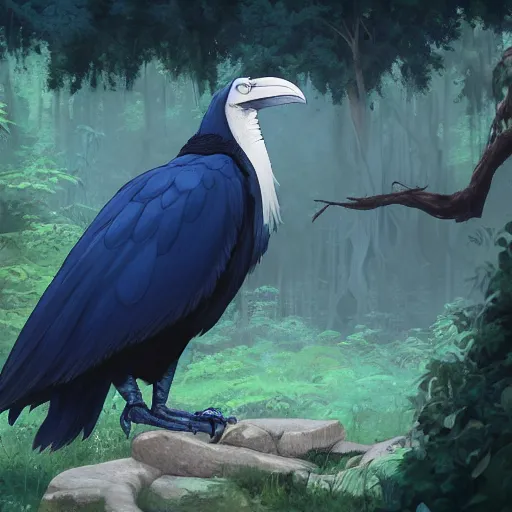 Image similar to concept art painting of an anthropomorphic albino raven wearing dark blue robes, in the deep forest, realistic, detailed, cel shaded, in the style of makoto shinkai and greg rutkowski and james gurney