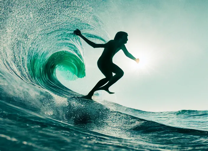 Prompt: a 2 8 mm macro photo of a surfer inside a curling wave, splash art, movie still, bokeh, canon 5 0 mm, cinematic lighting, dramatic, film, photography, golden hour, depth of field, award - winning, anamorphic lens flare, 8 k, hyper detailed, 3 5 mm film grain, hazy