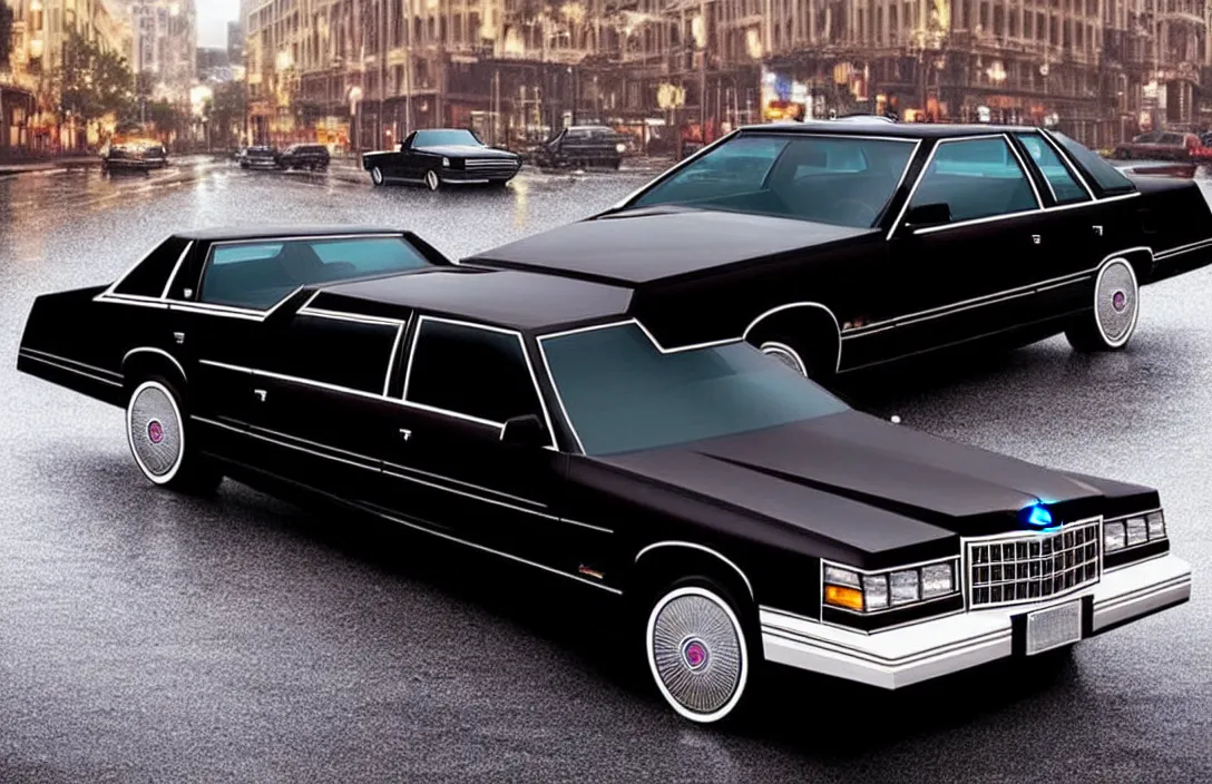 Image similar to hyper realistic, high detail real life photo of black 1 9 9 2 cadillac de ville, city streets wet, beautiful, dreary lighting