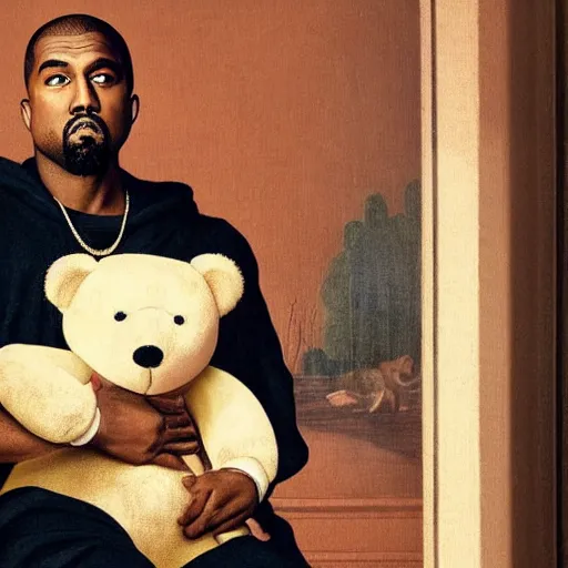 Prompt: A renaissance painting of Kanye West with a anthropomorphic Teddy Bear mascot, portrait, Wyoming in background,