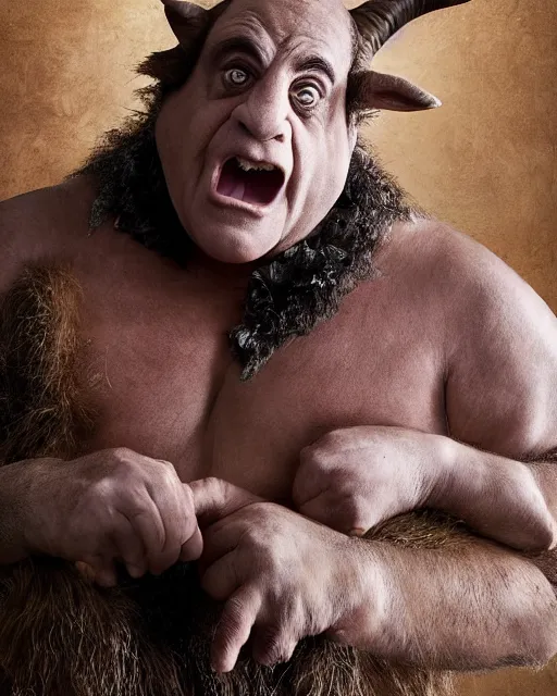 Image similar to actor Danny Devito in Elaborate Pan Satyr Goat Man Makeup as the character Phil for Disney’s Live Action Hercules movie, prosthetics designed by Rick Baker, Hyperreal, Head Shots Photographed in the Style of Annie Leibovitz, Studio Lighting
