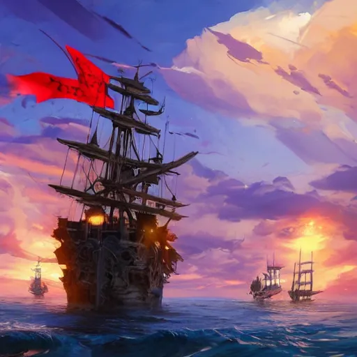 Image similar to a large pirate ship floating on top of a body of water, pirates flag, cgsociety, fantasy art, 2 d game art, concept art, heavenly lighting, retrowave, behance hd, concept art by jesper ejsing, by rhads, makoto shinkai cyril rolando, madgwick, cory loftis, sylvain sarrailh