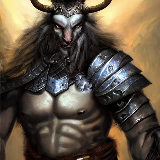 Prompt: dungeons & dragons avatar, fantasy concept art, portrait of a male minotaur fighter with black fur and plate armor, large and muscly build, fierce blue eyes, nose ring, scars, in the style of ruan jia, high detail, 8 k, uplit