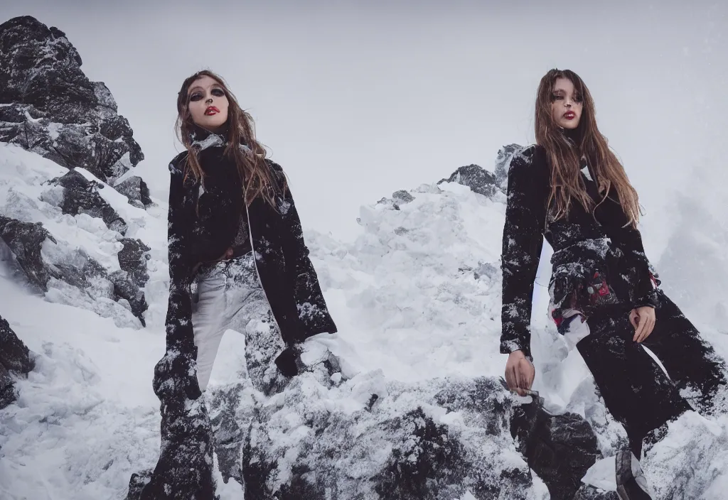 Image similar to fashion editorial in snow avalanche. gigantic snow storm mountain. wide angle shot. highly detailed. depth of field. high definition. 8k. photography.