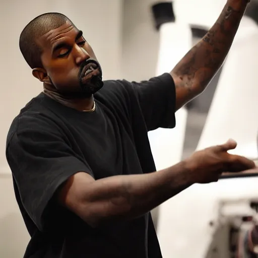 Prompt: Kanye West in his studio producing Donda 3, photo