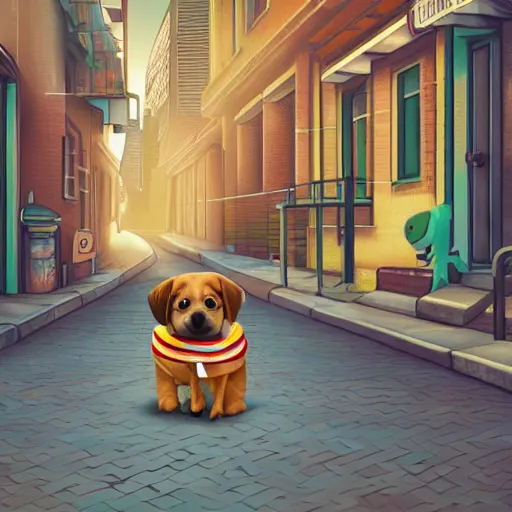 Image similar to isometric digital art, ultra realistic, puppy with a jetpack in a city alleyway, cinematic