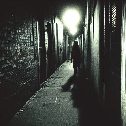 Prompt: a creepy cell phone camera picture of an alleyway in west philadelphia at night, with a college - aged woman in the distance. girl in the photo wearing a pine green jacket. directed by david lynch