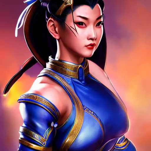 Image similar to Chun-Li in a fight pose, portrait, fantasy, medieval, beautiful face, vivid colors, elegant, concept art, sharp focus, digital art, Hyper-realistic, 4K, Unreal Engine, Highly Detailed, HD, Dramatic Lighting by Brom, trending on Artstation