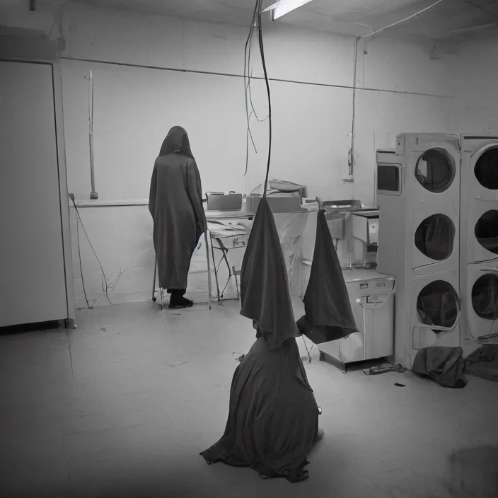 Image similar to a woman wearing a hood made of wire and plastic, in a laundry mat, by vincent desiderio, canon eos c 3 0 0, ƒ 1. 8, 3 5 mm, 8 k, medium - format print