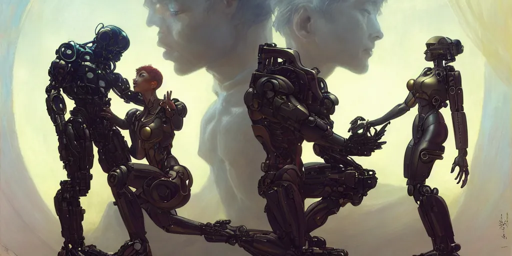 Image similar to male cyborg proposing to female android, by gaston bussiere, anna nikonova aka newmilky, greg rutkowski, yoji shinkawa, yoshitaka amano, tsutomu nihei, muira, moebius, donato giancola, trending on artstation, featured on pixiv h - 1 0 2 4