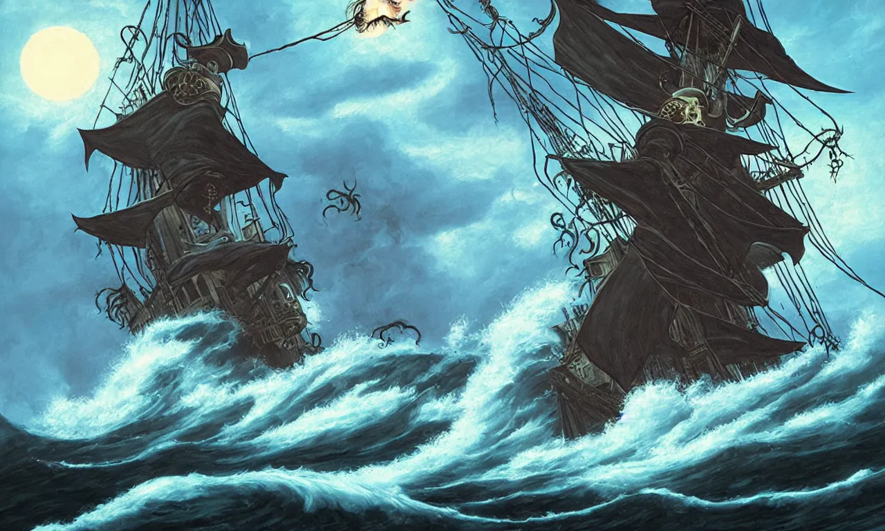 Prompt: a pirate witch summoning a giant wave aboard a ghost ship by olivia de berardinis and zoe mozert and mark arian and harry ekman and gregory crewsdon