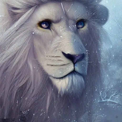 Image similar to aesthetic half body portrait commission of a albino male furry anthro lion wearing a Kimono, detailed face , hyperdetailed, snowy winter atmosphere. Character design by charlie bowater, ross tran, artgerm, and makoto shinkai, detailed, inked, western comic book art, 2021 award winning painting