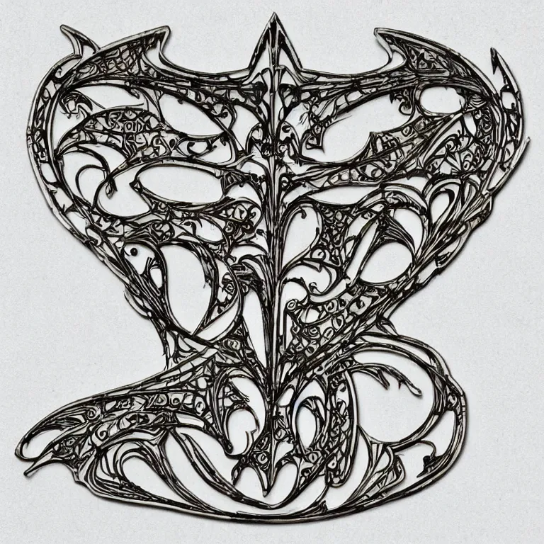 Image similar to vintage art nouveau style sticker (((batman))) as a cyborg, detailed filigree fretwork lacework