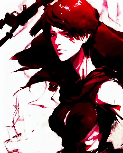 Image similar to style of yoji shinkawa, marc simonetti : : gorgeous mary elizabeth winstead : : evil sorceress, swirling black magic, black dress : : symmetrical face, symmetrical eyes : : full body pose : : gorgeous red hair : : cinematic lighting : :