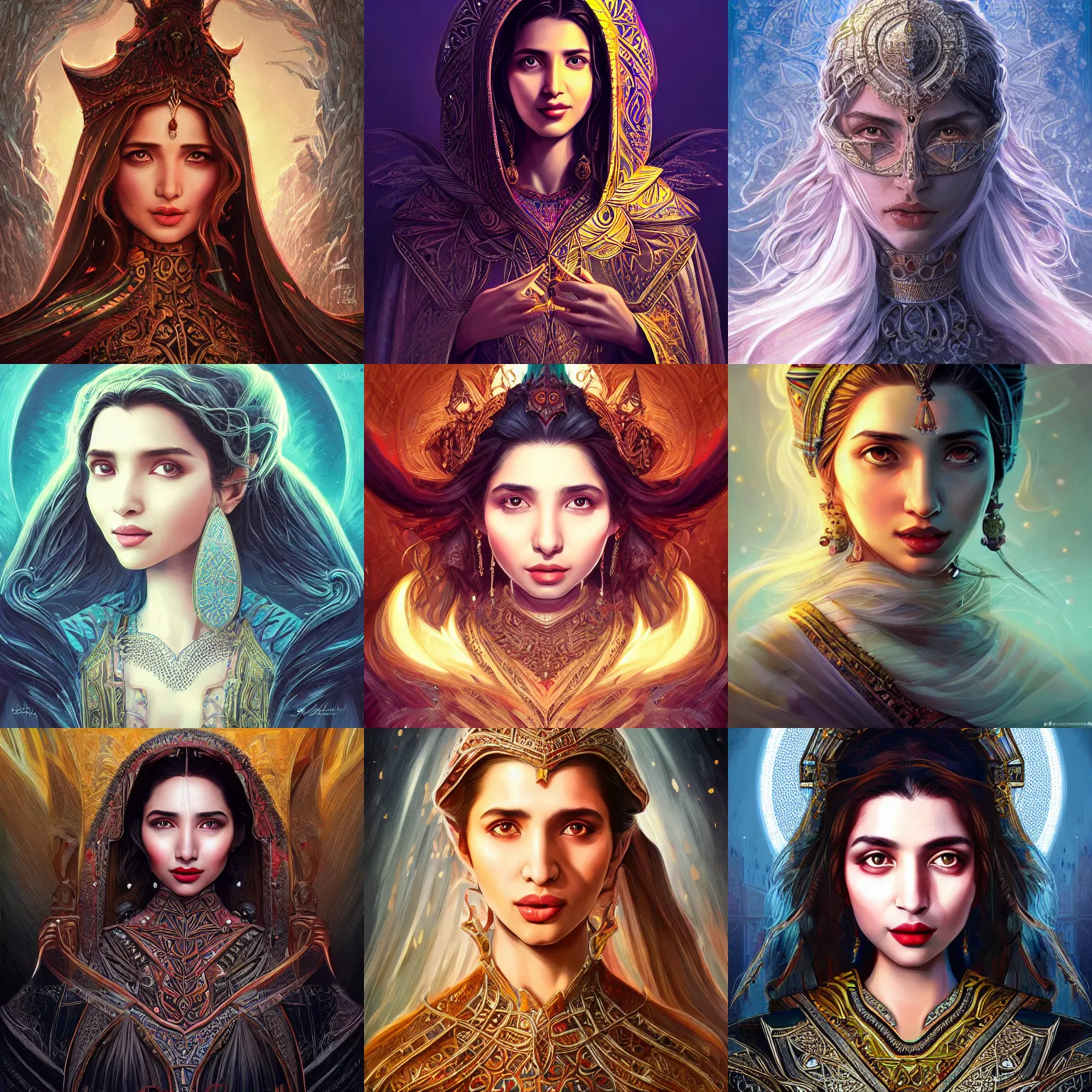 Prompt: head-on centered symmetrical painted portrait, Mahira Khan as a D&D wizard, intricate fantasy robes, fantasy, intricate, elegant, highly detailed, digital painting, smooth, sharp focus, illustration, dramatic lighting, artstation, in the style of Artgerm and Anna Podedworna and Alex Ross