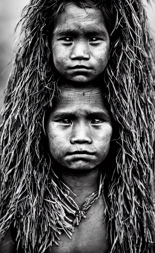 Prompt: Award winning Editorial photo of a Native Kiribati with incredible hair and beautiful hyper-detailed eyes wearing traditional garb with a Bokikokiko by Lee Jeffries, 85mm ND 5, perfect lighting, gelatin silver process
