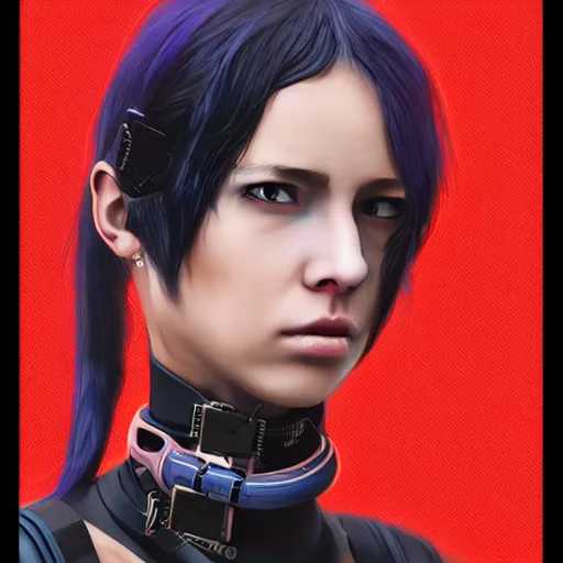 Prompt: realistic female character cyberpunk wearing technological collar around neck, realistic, art, beautiful, 4K, collar, choker, collar around neck, punk, artstation, detailed, female, woman, choker, cyberpunk, punk, collar, choker, collar around neck,