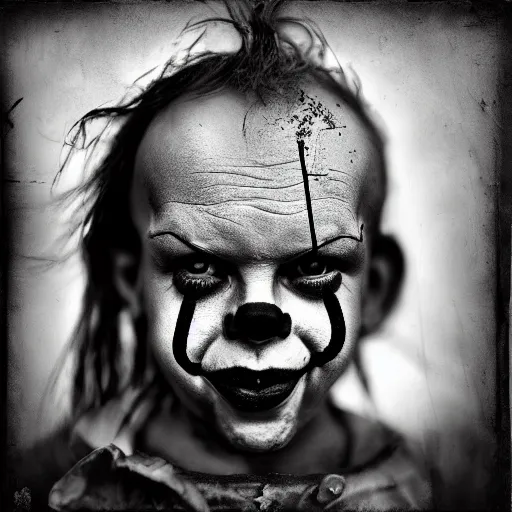 Image similar to Homeless portrait of dirty Pennywise in scrappy clothing, HD, award winning photograph by Lee Jeffries