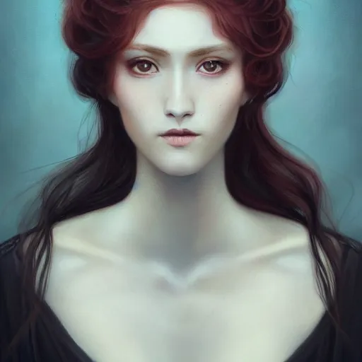 Prompt: tom bagshaw portrait, very beautiful kururu kurasawa in a full dress and long thin lustrous auburn hair, professionally retouched, focus eyes, ultra realistic soft painting, insanely detailed linework, symmetrical accurate intricate features, behance, 8 k