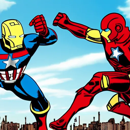 Prompt: iron man and captain america fighting