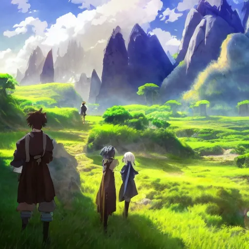 Image similar to watercolor, wallpaper, 4 k, digital art, photorealism, realistic, unity, unreal engine, blue skies and rolling green fields, rpg isekai adventurers, anime, mountains, by hayao miyazaki, by studio ghibli, high quality, stunning, amazing work of arts, inspirational