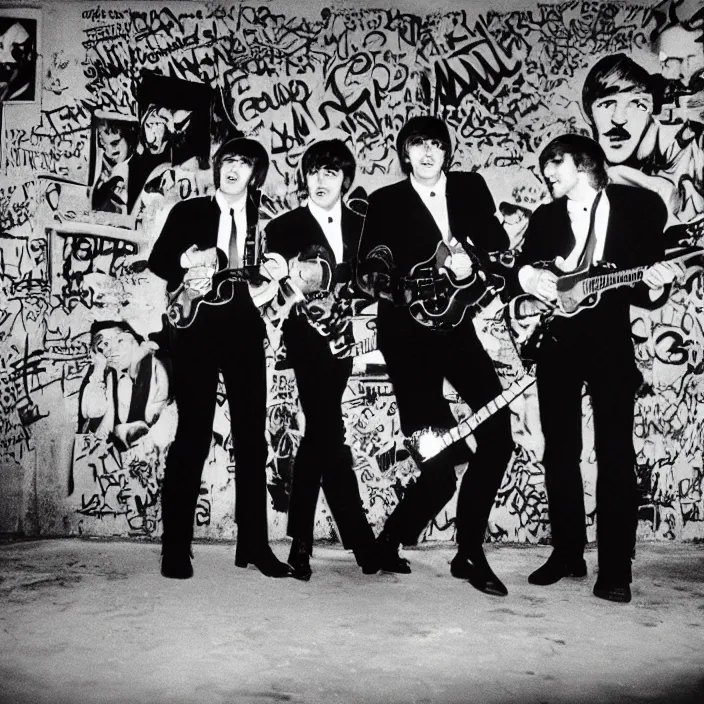 Image similar to The four Beatles drink beer in a 1980s underground club, graffiti on the walls, photo by annie leibovitz, shot on a Mamiya RZ67, 4k