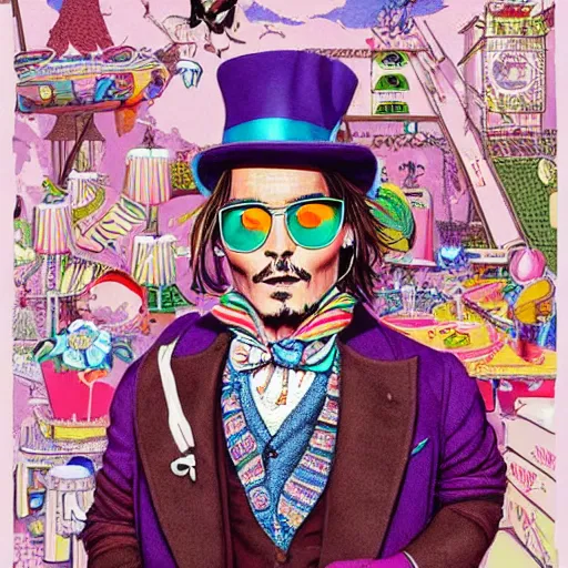 Image similar to Johnny Depp is covered in a blanket and drinking tea in Willy Wonka's Chocolate Factory, Illustration, Colorful, insanely detailed and intricate, super detailed, by Alexis Franklin