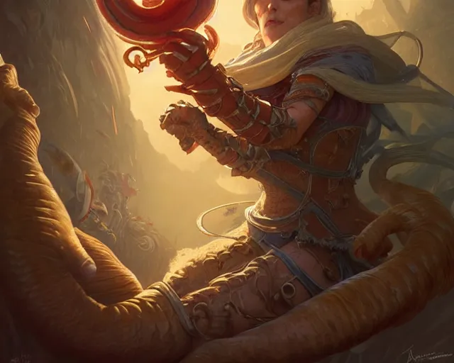 Prompt: a worm defending itself from a british robin, deep focus, d & d, fantasy, intricate, elegant, highly detailed, digital painting, artstation, concept art, matte, sharp focus, illustration, hearthstone, art by artgerm and greg rutkowski and alphonse mucha