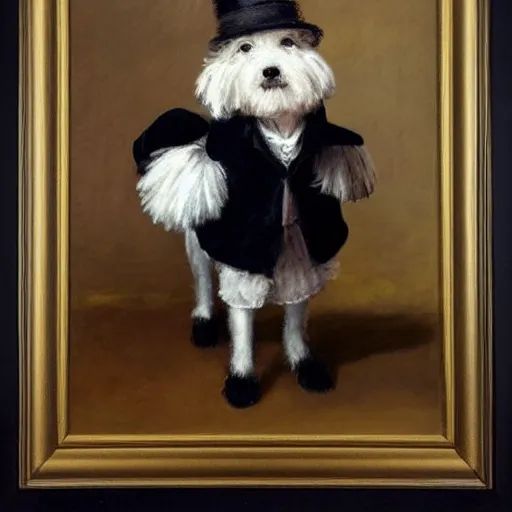 Prompt: A black coton de tulear dog dressed up as a dapper english gentleman, renaissance oil painting, highly detailed